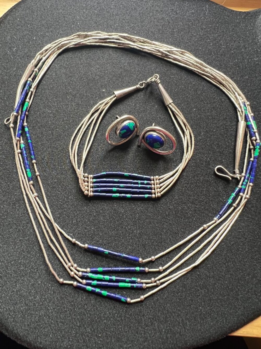 Liquid Silver and Azurite Necklace, Bracelet, Earrings Set